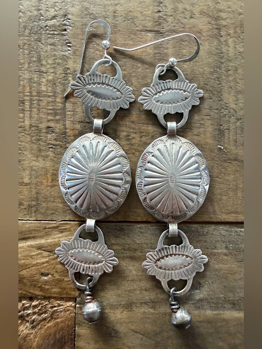 Vintage Native Navajo Southwestern Sterling Silver Concho Style Dangle Earrings